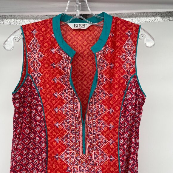 BIBA Sleeveless Midi Dress A-Line Colorful Print Womens Size 34 - Picture 2 of 9